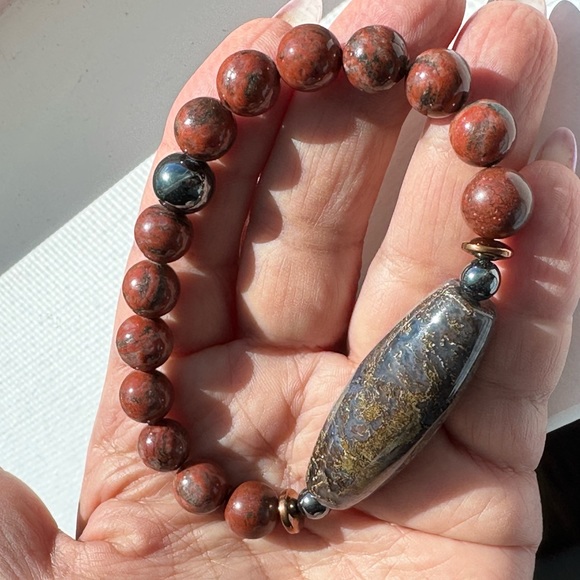 RED JASPER + OCEAN JASPER NATURAL STONES BRACELET size 7” - Picture 15 of 15